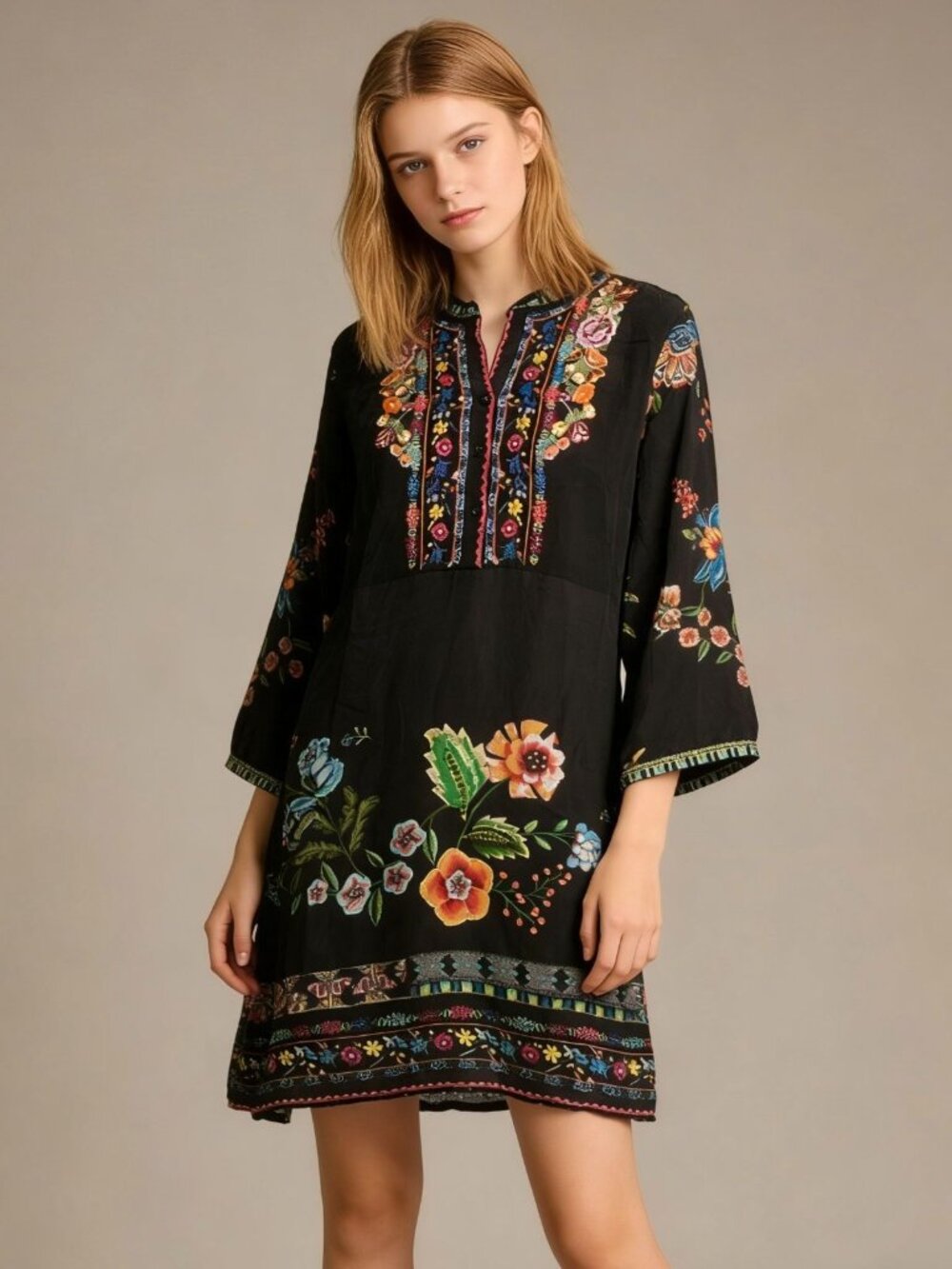 NWOT JOHNNY WAS Silk Floral EmbroideredV-Neck Mini Dress Boho Chic Size S